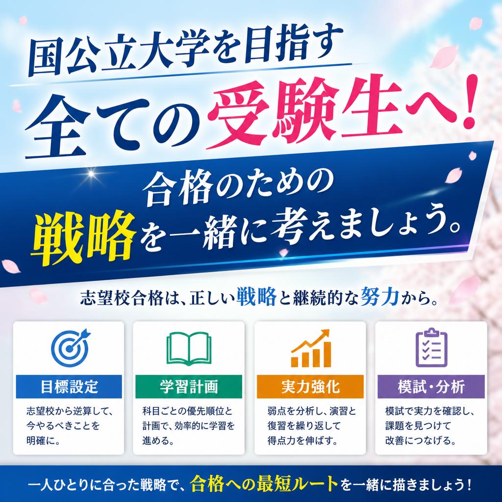 国公立大学を目指す全ての受験生へ！合格のための戦略を一緒に考えましょう。